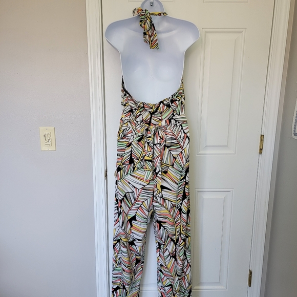 Derek Heart Halter Backless Wide Leg Tropical Retro Jumpsuit Ring Detail Size L - Picture 6 of 12